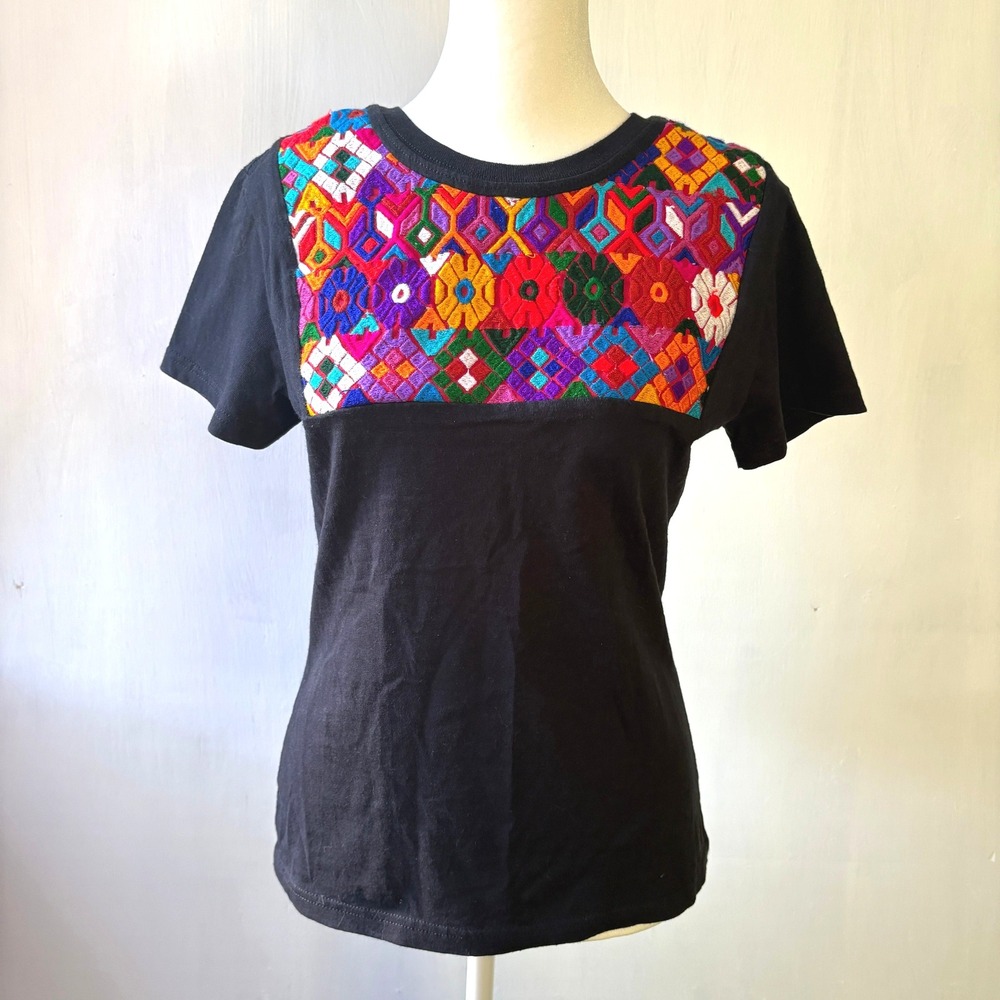 Handmade Embroidered Boho Festival Top Black Colorful‎ Vintage Style Tee S